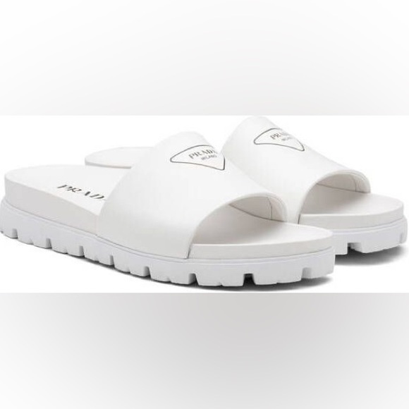 Prada Men’s silkscreen logo print slides sandals White leather New US 12 & 12.5 - Picture 8 of 14